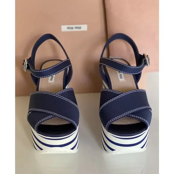 NIB $750 MIU MIU Women's Platform Wedge Blue Sandals 7.5 US (37.5 Euro) 5XZ441 - Picture 4 of 12